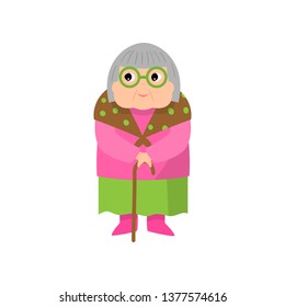 Cute old grandmother waiting son in walking wood stick