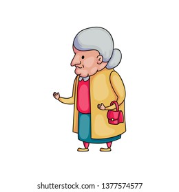 Cute old grandmother in yellow coat with red handbag