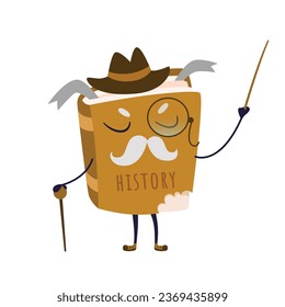 Cute el personaje de la caricatura del libro de historia antigua con sombrero, bigote y puntero. Concepto educativo con elemento vector del libro kawaii aislado en fondo blanco.