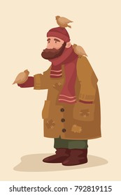 Cute Old Homeless Man In Hat, Scarf And Coat. Birds. Vector Cartoon Illustration. Character 