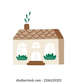 Cute old house with plants on the windows. Simple flat vector illustration isolated on a white background.
