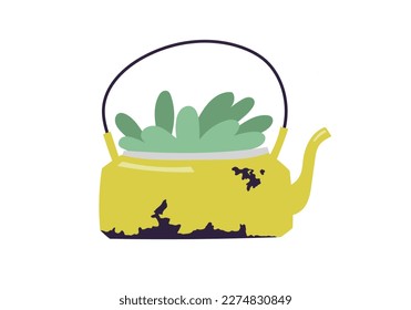 Cute old kettle reused as flower pot to grow houseplants. Simple minimalistic drawing isolated on white background.