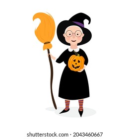 A cute old lady in a Halloween witch costume with a pumpkin and a broom in her hands. The concept of celebrating Halloween. Vector stock hand-drawn illustration isolated on a white background.