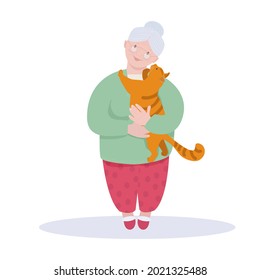 A cute old lady is holding a fat red cat in her arms. The concept of love for pets, kindness and home comfort, friendship human and animal. Vector illustration isolated on a white background.