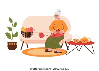 Cute old lady knits sitting on the sofa, next to her is a houseplant with large leaves. Vector illustration of knitting hobby, basket with yarn, wool.