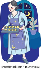 cute old lady makes cookies in evening -festive cute vector illustration