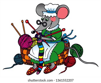 Cute old lady mouse is knitting a sock. Colored vector for card or gift. 