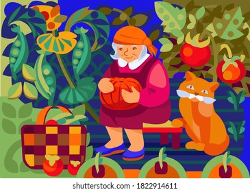 A cute old lady with a pumpkin in her garden. With a ginger cat. Bright, colorful illustration in flat style.