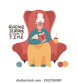 Cute old lady is sitting in a red armchair and reading a book. Vector flat hand drawn illustration. reading is never a waste of time - lettering quote