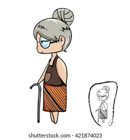 cute old lady vector cartoon with black line drawing