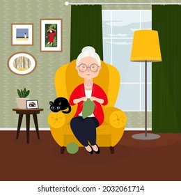 Cute old lady with a wrinkled face and gray hair is sitting in a chair in a cozy room and knitting. A woman with a black cat. Vector stock hand-drawn illustration.