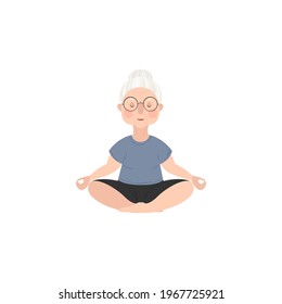 Cute old lady with wrinkles on her face and gray hair is doing yoga. The woman is sitting in the lotus position. Vector stock hand-drawn illustration isolated on a white background.