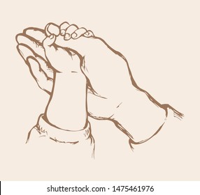 Cute old male dad body palm help on white background. Line black drawn young tiny touch thumb safety support logo icon sign design sketch in retro art doodle cartoon style on text space. Closeup view