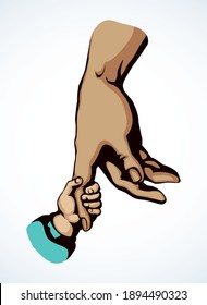 Cute old male dad body palm help go. Closeup view white background text space. Line black drawn young tiny touch thumb safety support life logo icon sign design. Retro art doodle cartoon style sketch