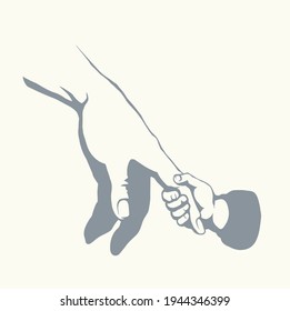 Cute old male dad body palm help go. Closeup view white background text space. Line black drawn young tiny touch thumb safety support life logo icon sign design. Retro art doodle cartoon style sketch