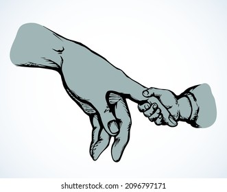Cute old male dad body palm help go. Closeup view white background text space. Line black drawn young tiny touch thumb safety support life logo icon sign design. Retro art doodle cartoon style sketch