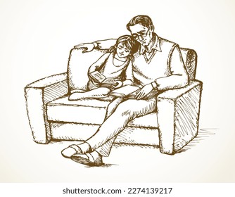 Cute old male guy grandpa care pray white couch bed seat hold hug home room text space. Black Line hand drawn young faith prayer story happy joy fun life symbol retro art doodle cartoon sketch style