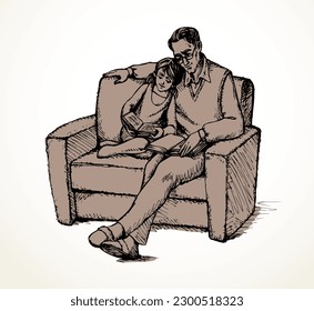 Cute old male guy grandpa care pray white couch bed seat hold hug home room text space. Black Line hand drawn young faith prayer story happy joy fun life symbol retro art doodle cartoon sketch style