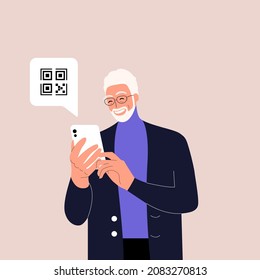 Cute old man holding smartphone with QR sign. Concept of electronic id, identification, vaccine passport or certificate, QR verification, online shopping. Flat vector illustration for UI, app. Eps 10.