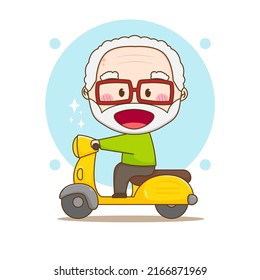 Cute Old Man Riding Motorcycle. Chibi Cartoon Character. Vector Art Illustration