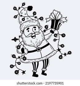 Der alte Weihnachtsmann mit Garland, Weihnachtsbällen und Geschenkbox. Vektorgrafik. Dekorative Handzeichnung, Doodle