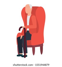 cute old man seated in sofa character vector illustration design