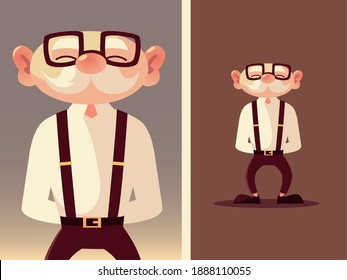 cute old man senior cartoon with glasses and suspenders vector illustration