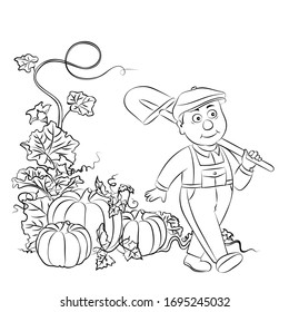 Cute old man with a shovel and a pumpkin.Farming and agriculture. People doing farming job.Linear silhouette isolated on white background.