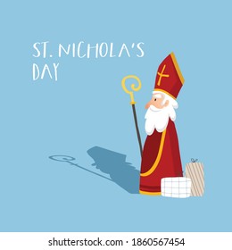 Cute old man St. Nicholas with mitre, white beard and gift boxes . Christmas invitation, greeting card. Flat kids design. Vector illustration, web banner. Blue winter background.