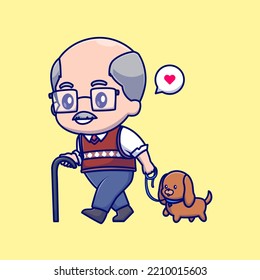 Cute Old Man Walking with Dog Cartoon Vector Icon Illustration. People Animal   Icon   Concept   Isolated Premium Vector. Flat Cartoon Style