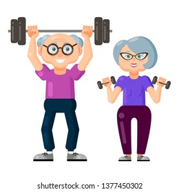 Cute old man and old woman doing fitness exercises with dumbbells and barbell together. Elderly people active lifestyle. Isolated characters on white background. Flat vector design