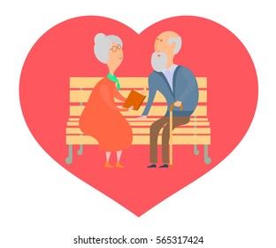 Cute old man and an old woman on a park bench reading a book on a background of red 
hearts. The concept of a long and faithful love and fidelity. Stock vector illustration