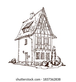 Hermosa casa medieval. Casa de campo de estilo europeo, con tejado alto. Esbozo de tinta de contorno dibujado a mano aislado en fondo blanco. Ilustración vectorial de material, diseño para la página de libro de coloreado.