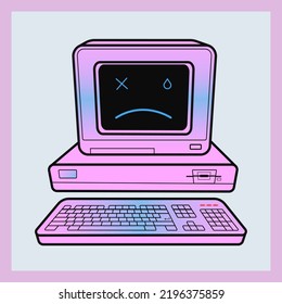 Cute old pink computer illustration. Kawai sticker. Cute doodle art. Retro computer in kawai style.