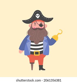 Cute old pirate with gold hook and wooden leg. Adventure theme corsair character for children's cards. Flat vector illustration for kids print.