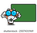 Cute Old Professor cartoon characters wearing Big eyeglasses and laboratory uniform, teaching a formula with blackboard in the class. Best for sticker, decoration, logo, and mascot with science themes