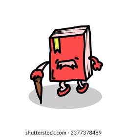 The cute old red book character with a mustache walks with a cane on a white background. Vector design