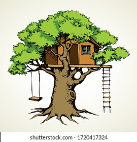 Cute old rural spring plant foliage rope small toy outside camp club terrace on white sky. Black ink hand drawn funny little line logo icon sign symbol picture design sketch in retro art doodle style