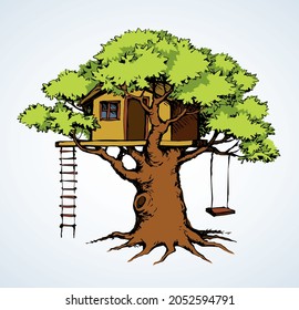 Cute old rural spring plant foliage rope small toy outside camp club terrace on white sky. Black ink hand drawn funny little line logo icon sign symbol picture design sketch in retro art doodle style