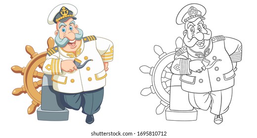 Cute old sailor, ship captain. Coloring page and colorful clipart character. Cartoon design for t shirt print, icon, logo, label, patch or sticker. Vector illustration.