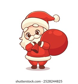 Cute old santa claus carrying bag of Christmas Presents