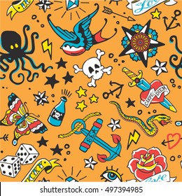 Cute old school tattoo vector seamless pattern in custom colors