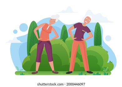 Cute old senior couple doing sports exercises in the park vector illustration