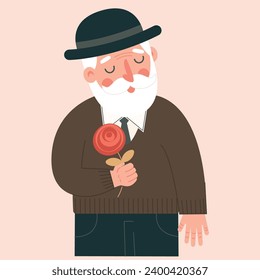 Un viejo sonriente lindo sostiene una rosa roja. Abuelo mayor de edad. Feliz Día de los Abuelos. Ilustración vectorial plana.