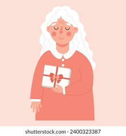 Cute old smiling woman holds a gift box. Elderly senior Grandmother. Happy Grandparents day. Flat vector illustration.