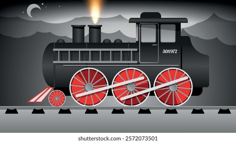  Cute old steam locomotive on rails. Flat design. Vector.