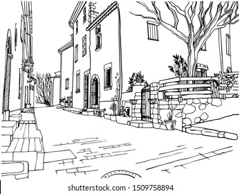 Cute old street in Provence. Urban line sketch. Hand drawn style. Black and white vector illustration on white background.