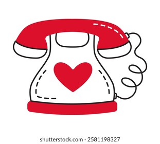 Cute old Telephone doodle style Hand drawn trendy flat style love isolated icon Romantic symbol of love for web graphic design poster tattoo Valentines Day Greeting card line art. Vector illustration