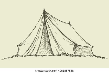 Cute old temporal nylon bivvy stretched a rope tied to wooden peg in grass. Vector monochrome freehand ink drawn background sketchy in art scribble antiquity style pen on paper with space for text