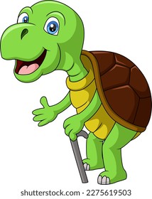 Cute old turtle cartoon walking with stick